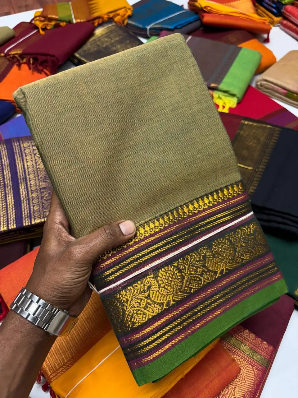 Olive Green Kanchi Pure Cotton Saree